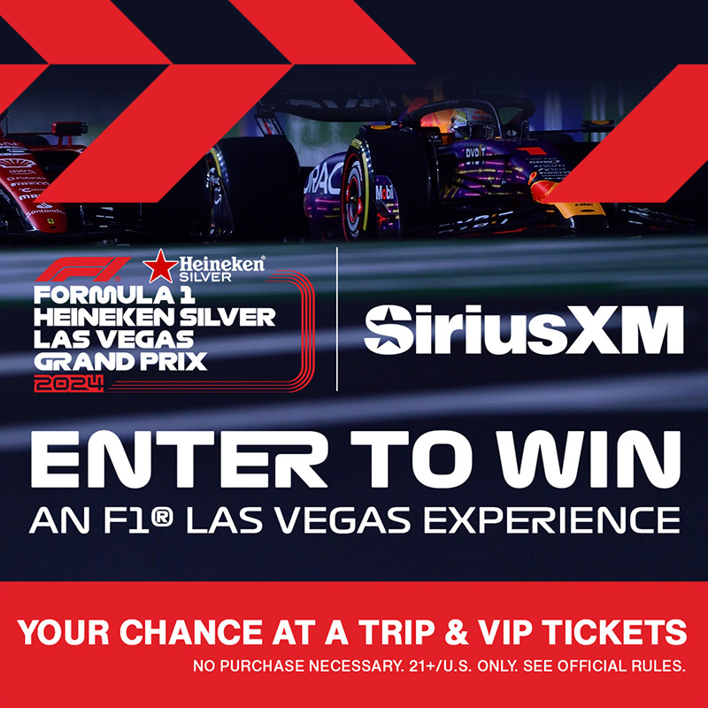 Formula 1 Heineken Silver Las Vegas Grand Prix 2024. SiriusXM Enter to win an F1 Las Vegas Experience. Your chance at a trip and VIP Tickets. No purchase necessary. 21+/U.S. only. See official rules.