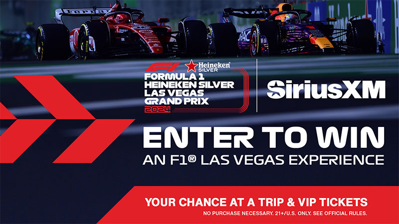 Formula 1 Heineken Silver Las Vegas Grand Prix 2024. SiriusXM Enter to win an F1 Las Vegas Experience. Your chance at a trip and VIP Tickets. No purchase necessary. 21+/U.S. only. See official rules.