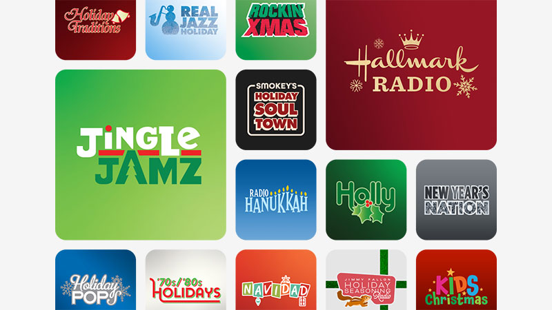 logos for Holiday Traditions, Real Jazz Holiday, Rockin Xmas, Hallmark Radio, Smokey's Holiday Soul Town, Jingle Jamz, Radio Hannukah, Holly, New Year's Nation, Holiday Pops, 70s/80s Holidays, Navidad, Jimmy Fallon's Holdiay Seasoning, Kids Christmas