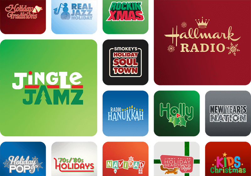 logos for Holiday Traditions, Real Jazz Holiday, Rockin Xmas, Hallmark Radio, Smokey's Holiday Soul Town, Jingle Jamz, Radio Hannukah, Holly, New Year's Nation, Holiday Pops, 70s/80s Holidays, Navidad, Jimmy Fallon's Holdiay Seasoning, Kids Christmas