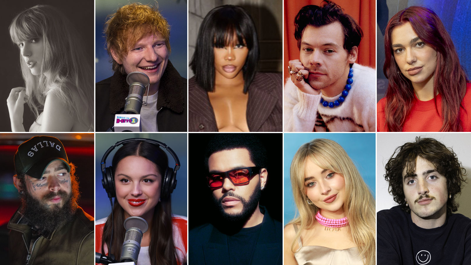 Taylor Swift, Ed Sheeran, SZA, Harry Styles, Dua Lipa, Post Malone, Olivia Rodrigo, The Weeknd, Sabrina Carpenter, and Benson Boone