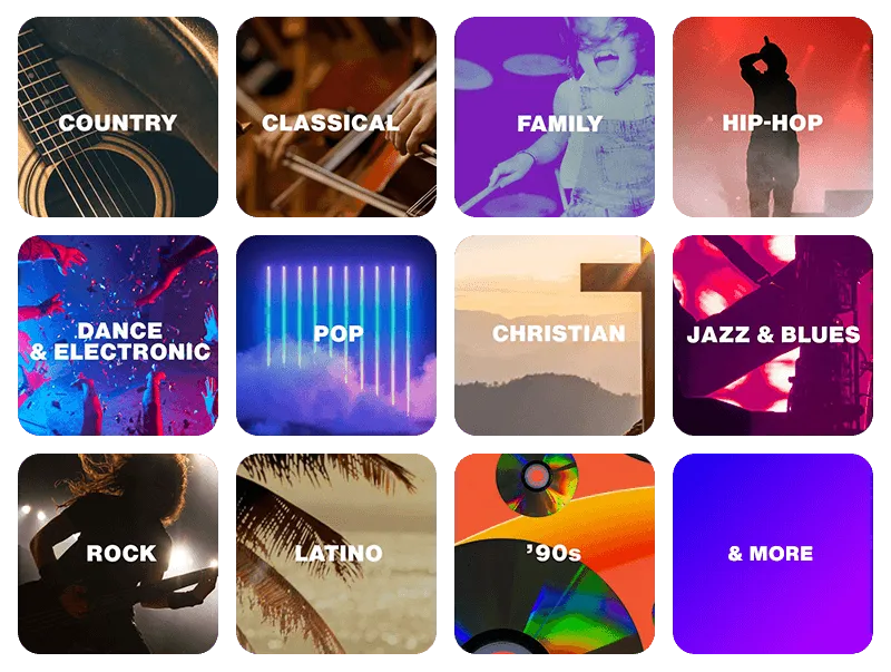 Country, classical, family, hip-hop, dance & electronic, pop, christian, jazz & blues, rock, latino, '90s, and more