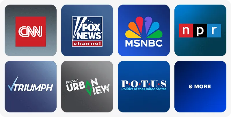 SiriusXM news channels: CNN, Fox News Channel, MSNBC, NPR, Triumph, SiriusXM Urban View, POTUS Politics of the United States, and more