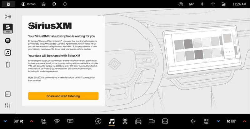 Rivian screen with SiriusXM