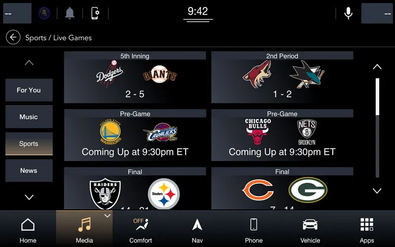 Stellantis 360L "Live Sports" screen