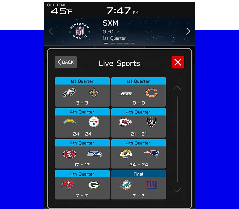 Subaru Live Sports screen