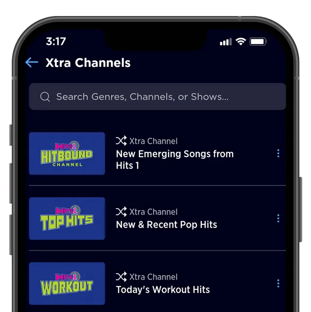 Xtra channels in the SXM app on a phone