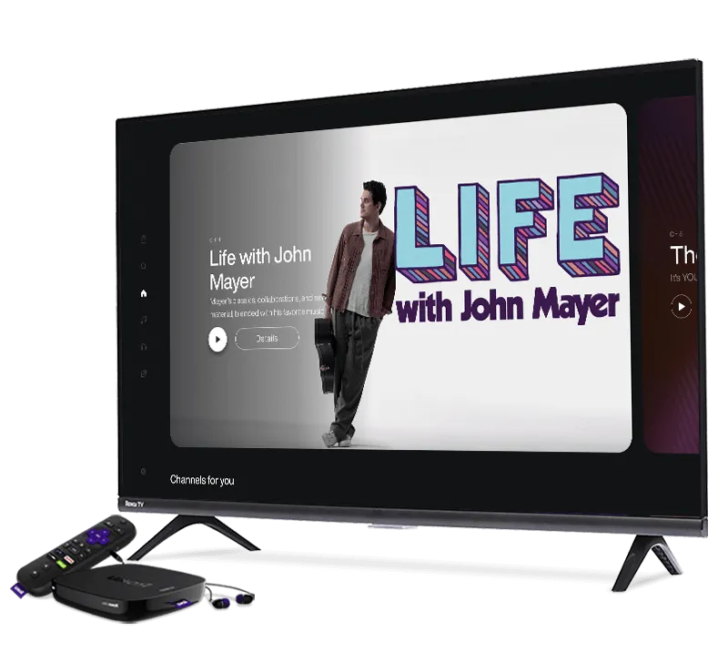 Roku next to a TV playing LIFE with John Mayer